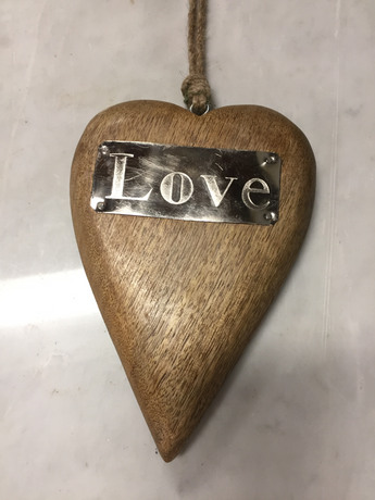 Hanging Mango Wood Heart wit Metal Love Inscription