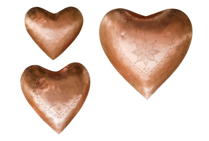 Decorative Embossed Metal Heart Dishes, Copper