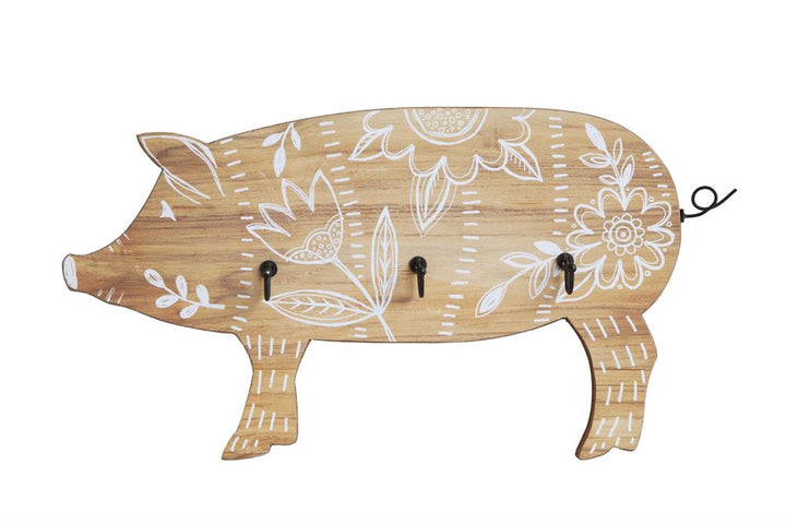 Wooden Pig with 3 Metal Hooks, White Floral Design
