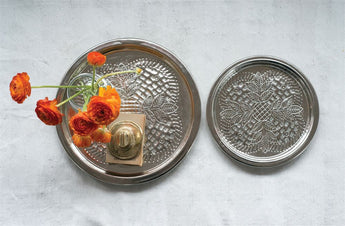 Round Embossed Metal Trays, Silver Finish, Set of 2